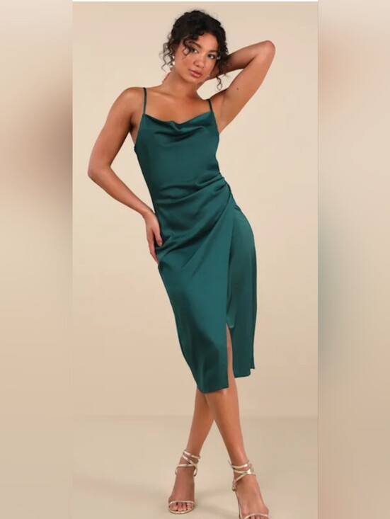 Lulus Dresses & Skirts - NWT Lulus Hollywood Woman Forest Green Satin Midi Dress Small